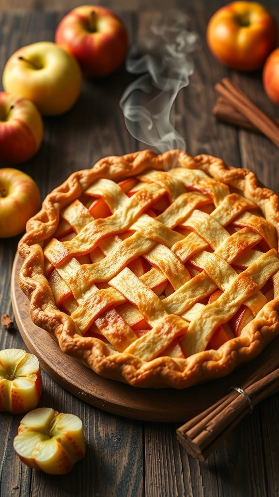 A freshly baked apple pie with a golden lattice crust, surrounded by fresh apples and cinnamon sticks.