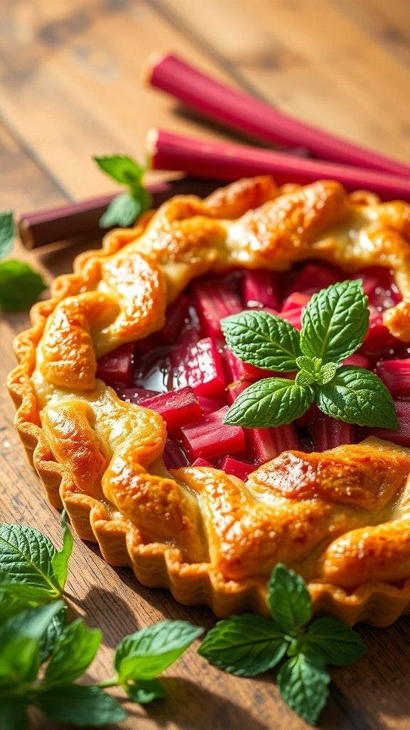 A classic rhubarb tart with a golden crust, filled with vibrant pink rhubarb and garnished with fresh mint leaves.