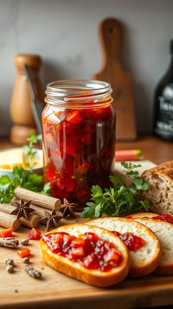 A jar of rhubarb chutney with slices of bread topped with chutney, surrounded by spices and fresh herbs.