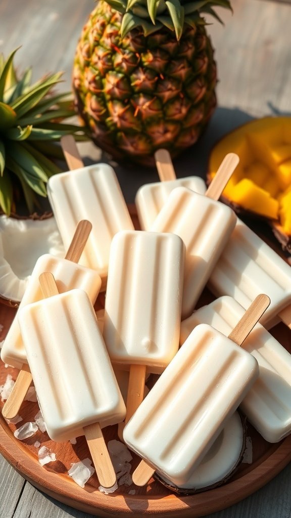 A plate of creamy coconut popsicles surrounded by fresh pineapples and mangoes.