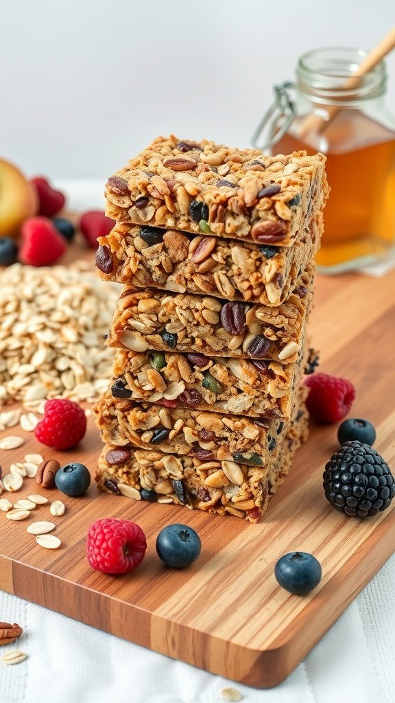 Homemade granola bars stacked with berries and oats in the background