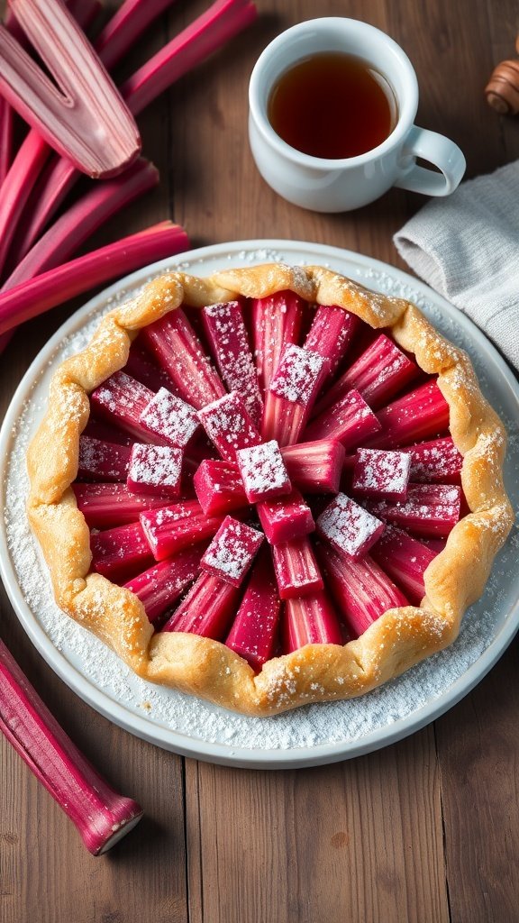 A delicious rhubarb tart with a buttery crust, garnished with powdered sugar, surrounded by fresh rhubarb stalks.