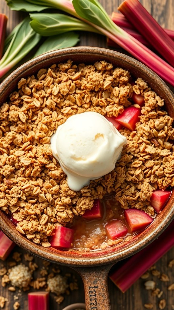 A delicious rhubarb crisp topped with oats and a scoop of vanilla ice cream.