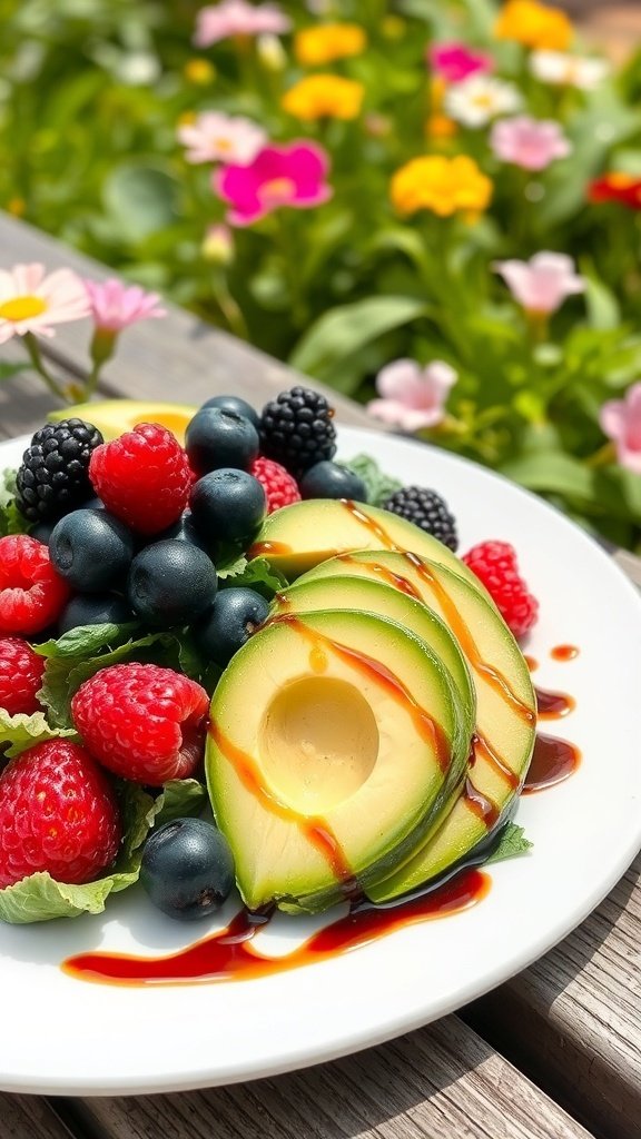 A plate of creamy avocado slices arranged with fresh berries, set against a backdrop of colorful flowers.