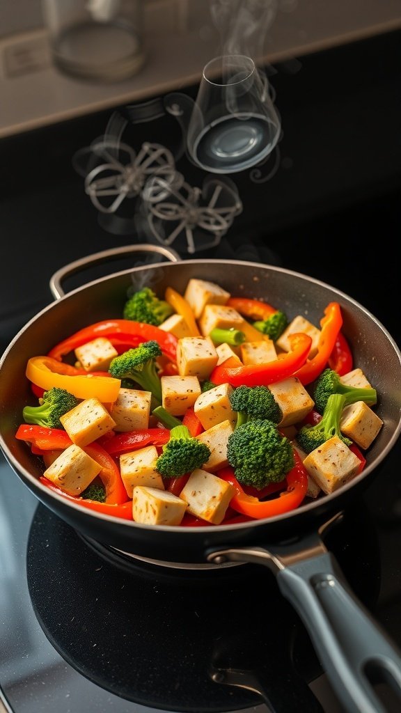 A colorful stir-fry with tofu, bell peppers, and broccoli in a pan.
