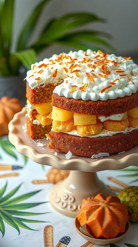 A gluten-free carrot cake layered with pineapple and coconut, topped with cream cheese frosting and toasted coconut flakes.