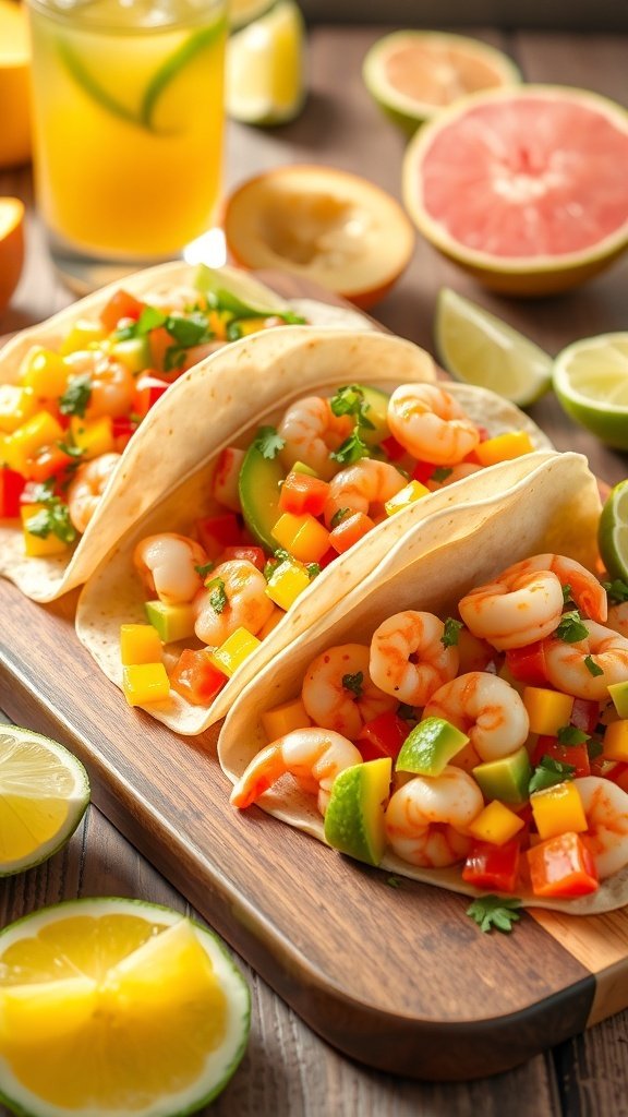 Zesty shrimp tacos with mango salsa, served on a wooden platter with fresh lime and lemon slices.