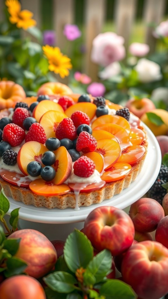 A colorful fruit tart topped with peaches, blueberries, and raspberries, surrounded by fresh peaches and flowers.