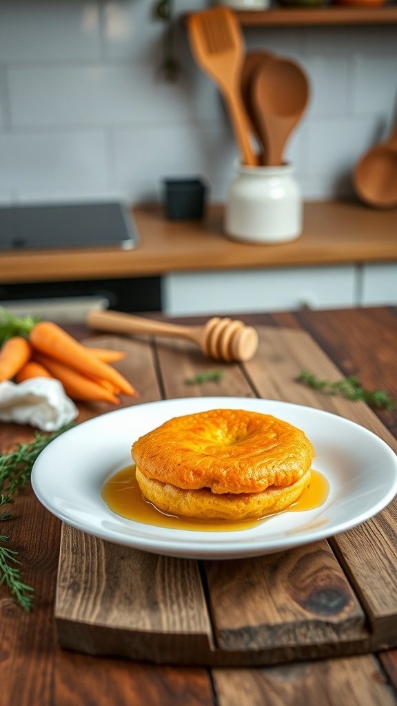 A golden carrot souffle on a white plate, surrounded by fresh carrots and wooden utensils.
