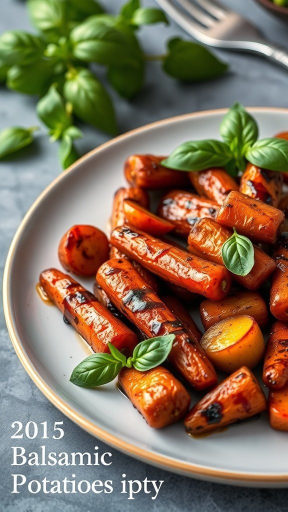 Balsamic-glazed roasted carrots and potatoes garnished with fresh basil