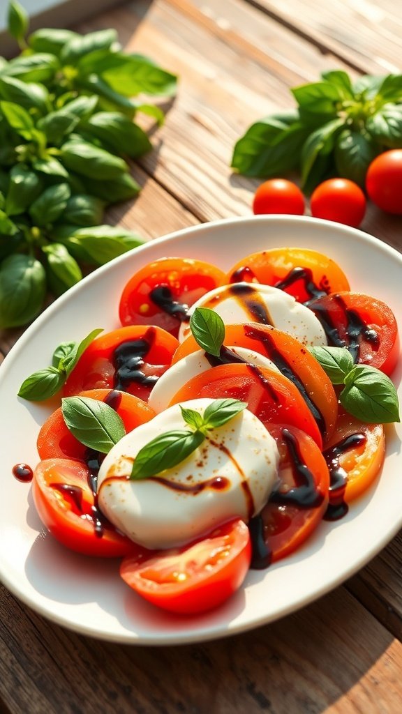 A vibrant Caprese salad with tomatoes, mozzarella, and basil on a white plate.