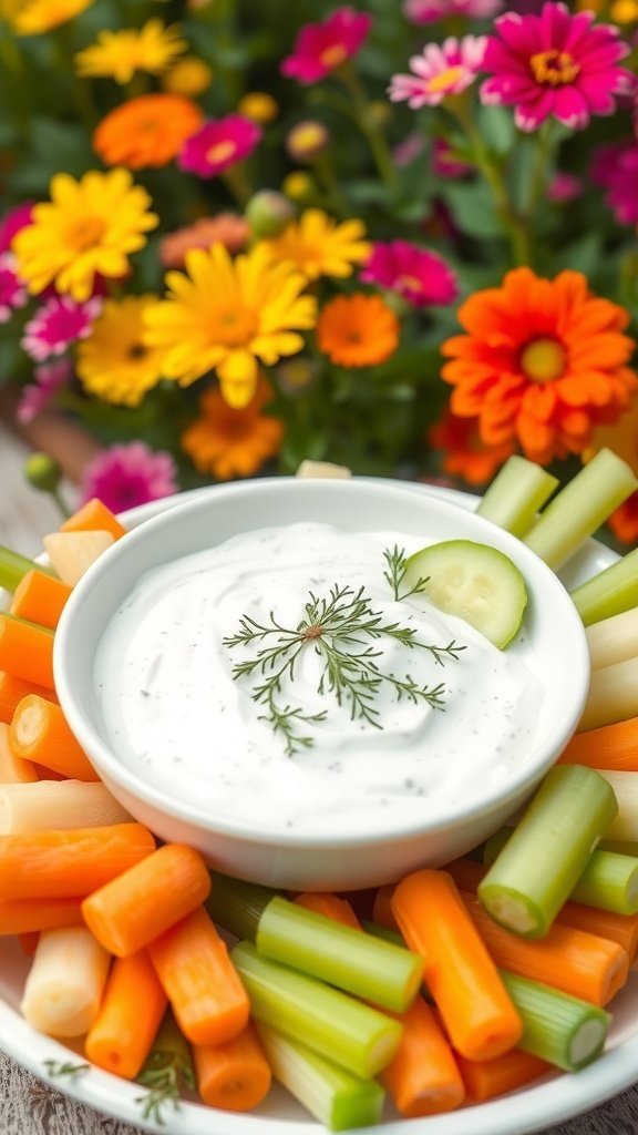 A bowl of cucumber dill yogurt dip surrounded by colorful fresh vegetables.
