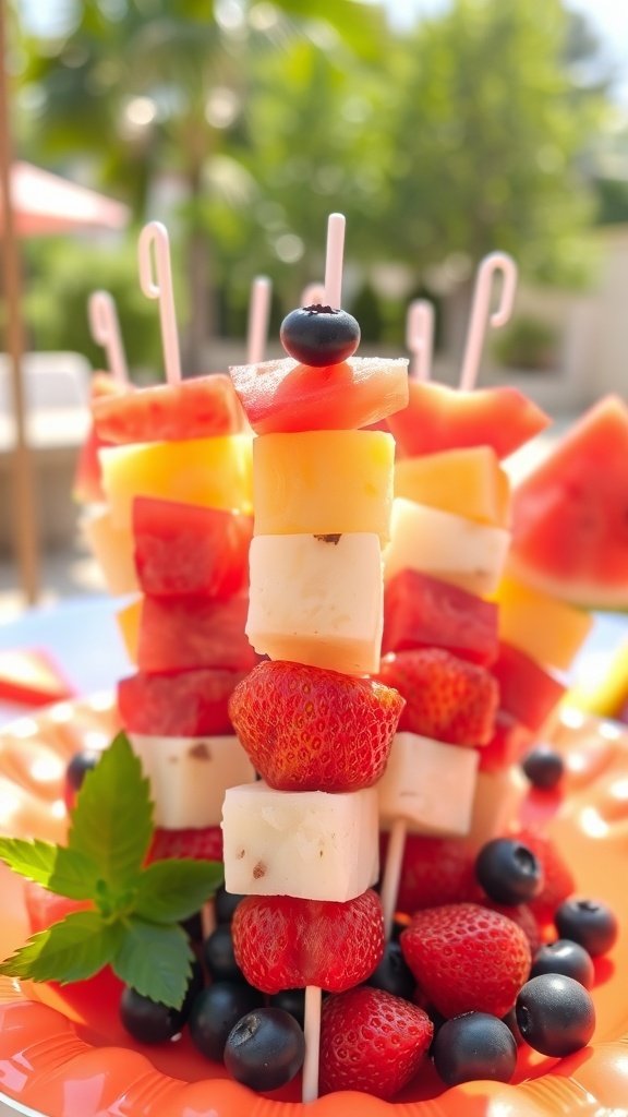 Colorful fruit skewers with watermelon, pineapple, strawberries, and blueberries on a plate
