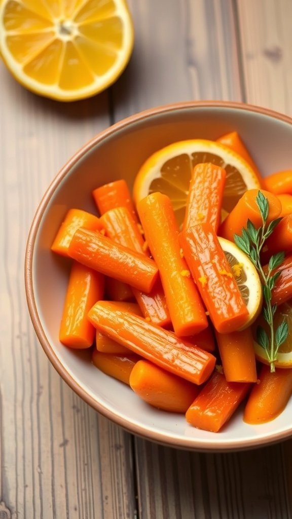 A bowl of honey-infused carrots with orange slices and a sprig of thyme on a wooden table.