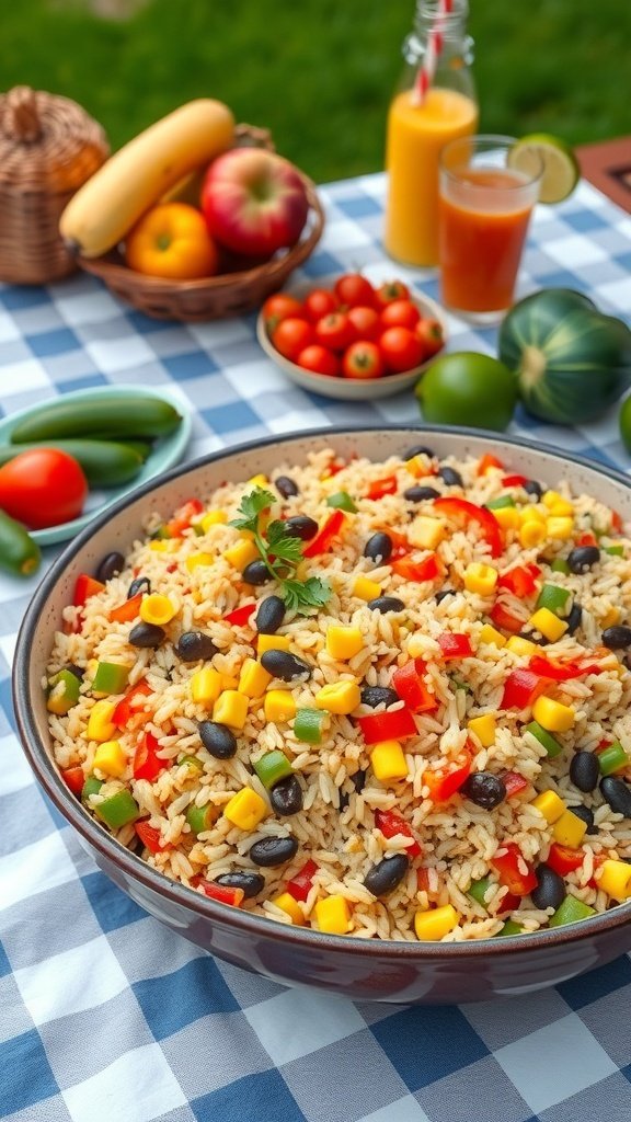 A vibrant bowl of summer rice dish with colorful vegetables and beans.