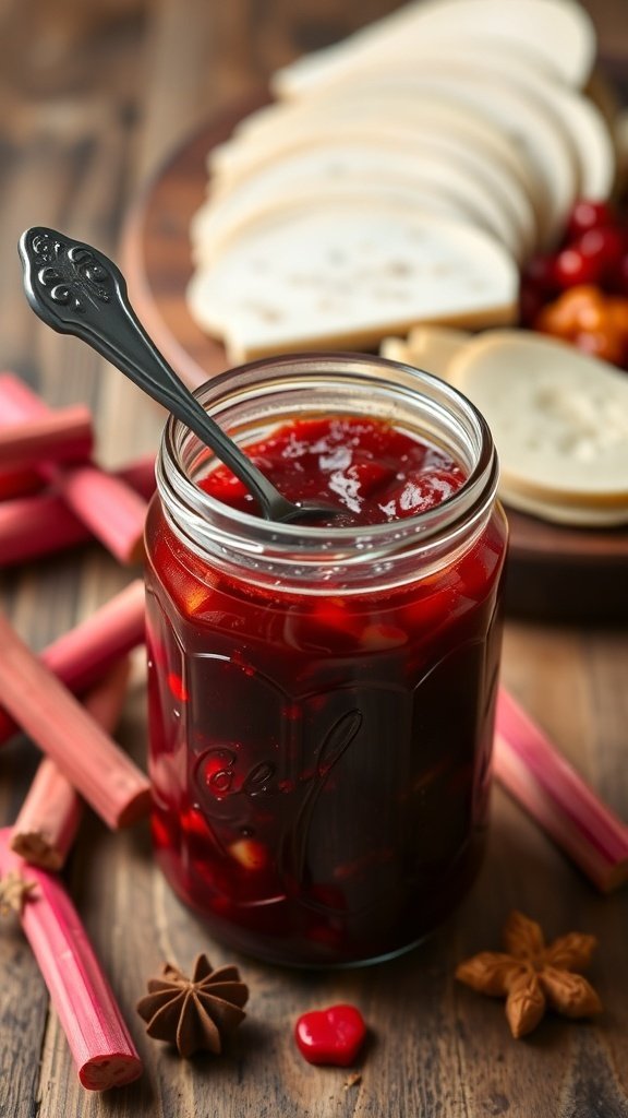 A jar of savory rhubarb chutney with rhubarb stalks and spices on a wooden table.