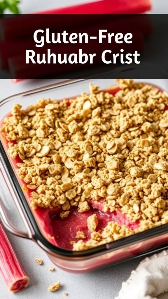 A delicious gluten-free rhubarb crisp with a golden topping and vibrant pink rhubarb filling.