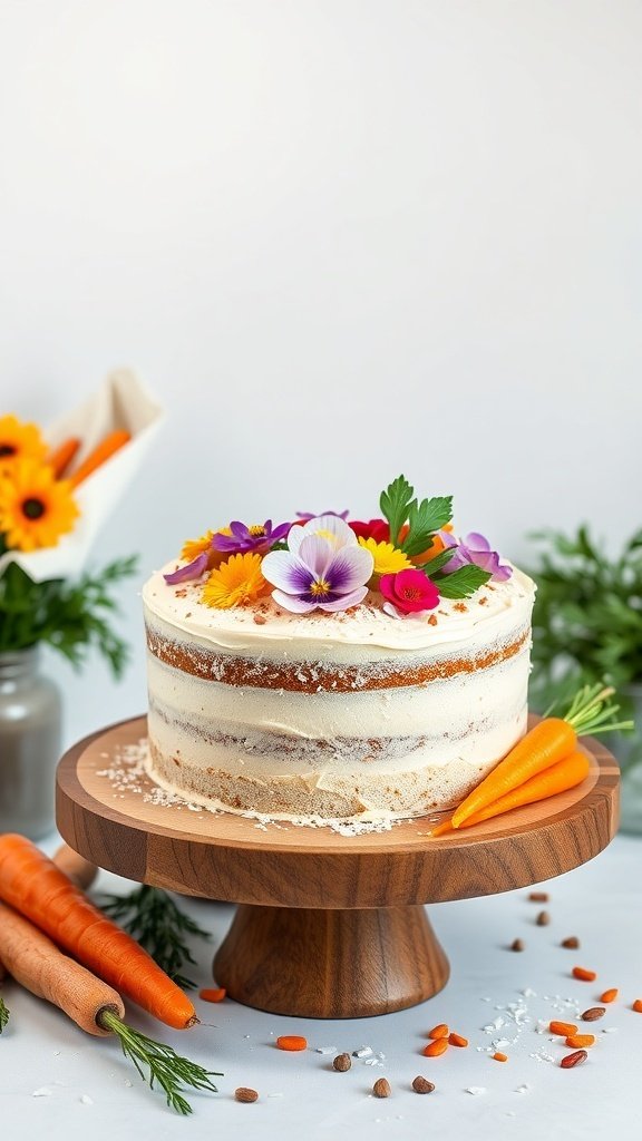 A beautifully decorated vegan carrot cake with flowers on top, surrounded by fresh carrots.