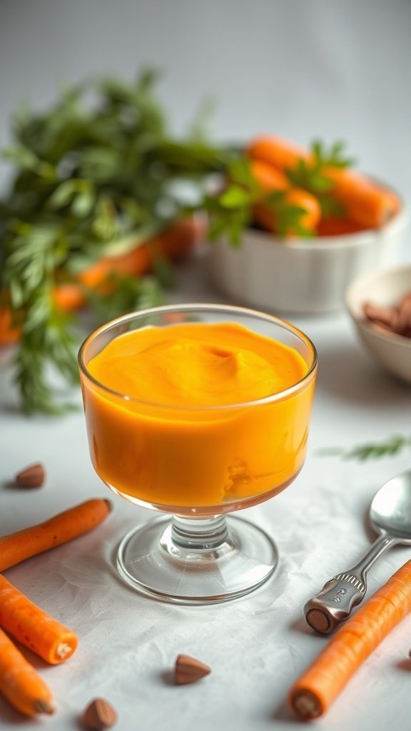 A creamy carrot souffle in a glass dish, surrounded by fresh carrots and nuts.