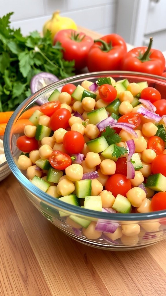 A colorful chickpea salad with cherry tomatoes, cucumbers, and red onions in a glass bowl, surrounded by fresh vegetables.