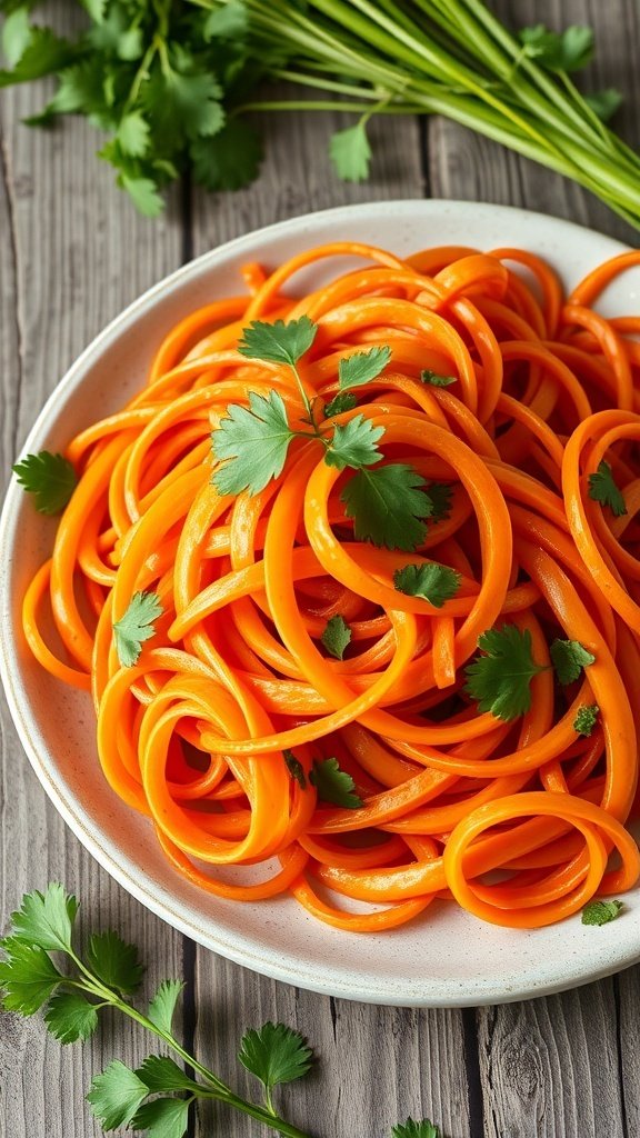 A plate of carrot ribbons garnished with fresh cilantro on a wooden table.