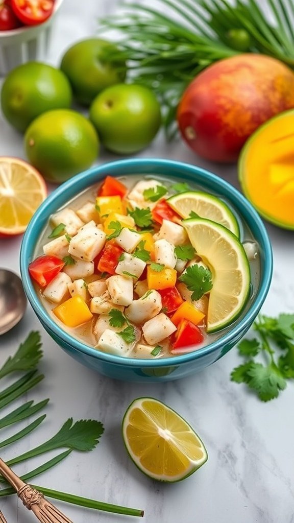 A bowl of ceviche with fresh fish, colorful vegetables, and lime slices, surrounded by limes and mango.