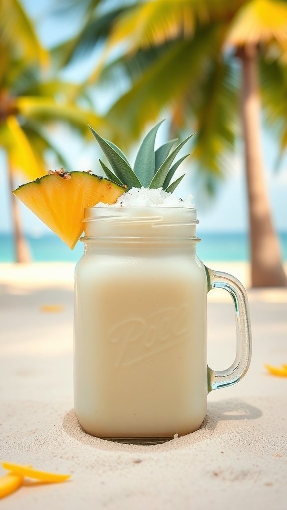 A creamy coconut pineapple smoothie in a mason jar, topped with a slice of pineapple and coconut flakes, set against a tropical background.