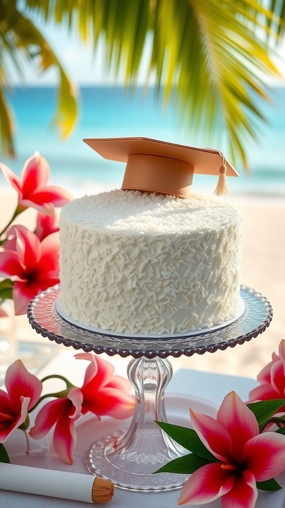 A beautifully decorated coconut graduation cake with a cap on top, surrounded by tropical flowers.