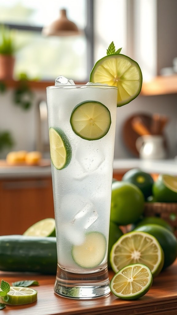 A refreshing glass of Chilled Cucumber Lime Sparkler with cucumber and lime slices, garnished with mint.