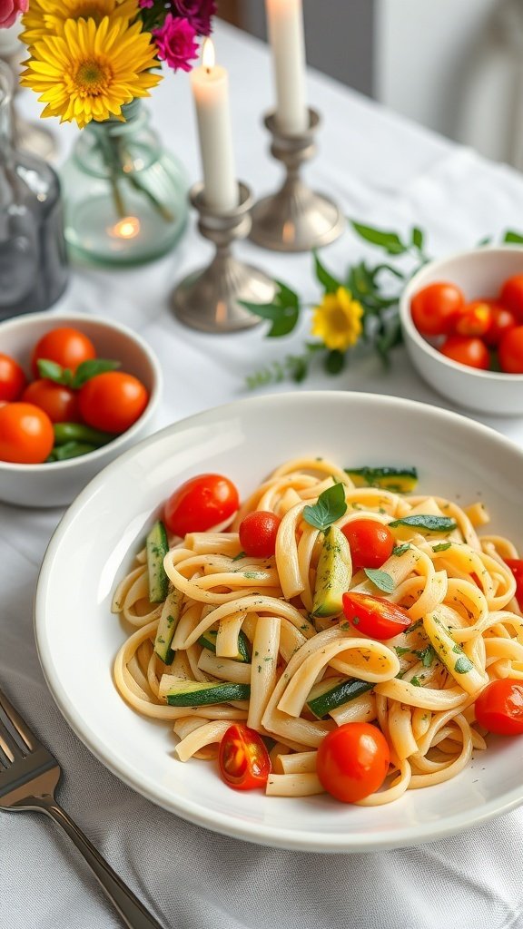 A plate of fettuccine pasta with cherry tomatoes and zucchini, garnished with herbs, set on a table with candles and flowers.