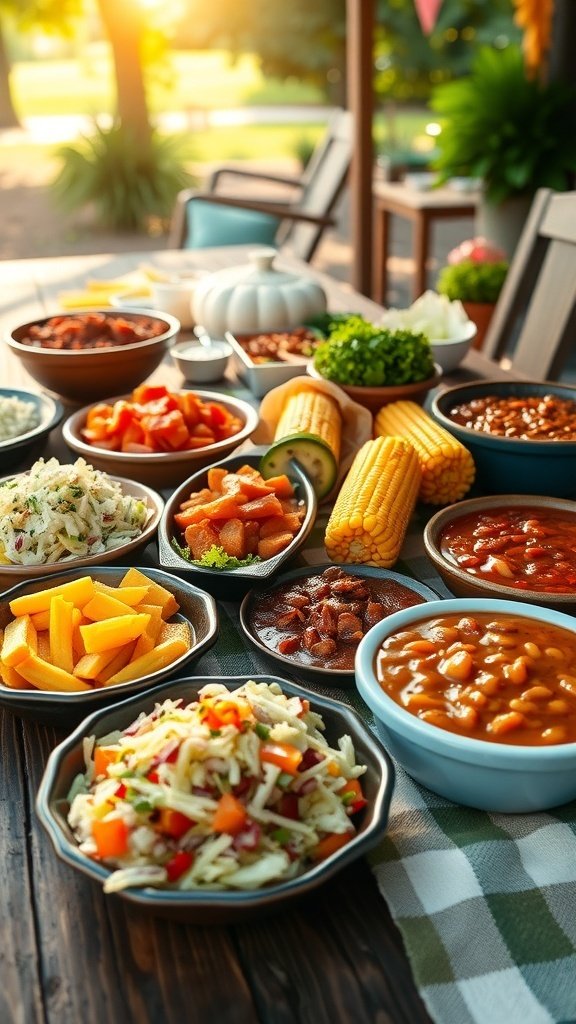 A variety of colorful BBQ side dishes on a table, including salads, beans, and corn.