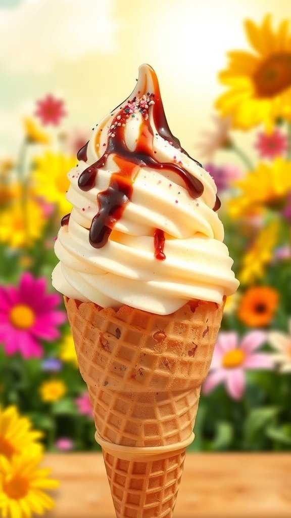 A delicious vanilla ice cream cone topped with chocolate syrup and sprinkles, set against a backdrop of colorful flowers.