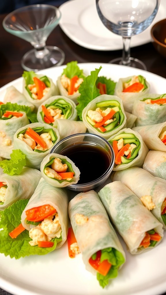A platter of summer rolls filled with crab, vegetables, and served with dipping sauce.