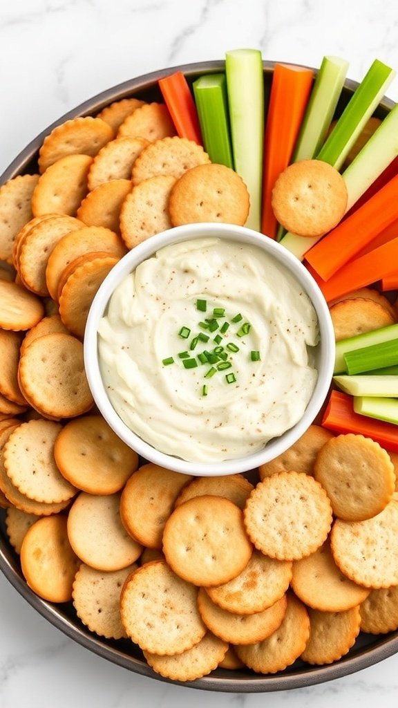 A creamy garlic parmesan dip surrounded by crackers and fresh vegetables.
