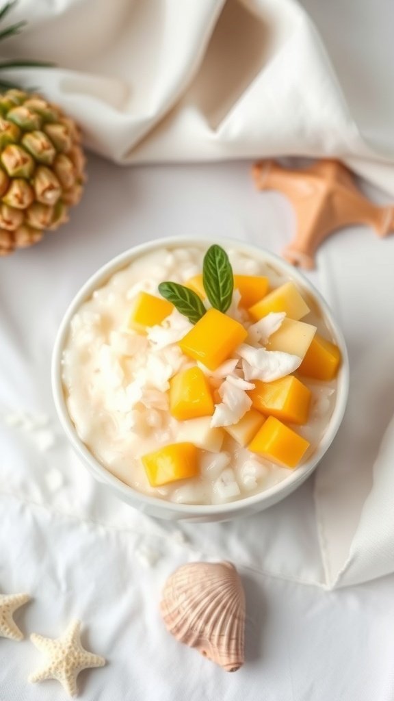 A bowl of tropical coconut rice pudding topped with mango and coconut flakes, surrounded by decorative shells and a pineapple.
