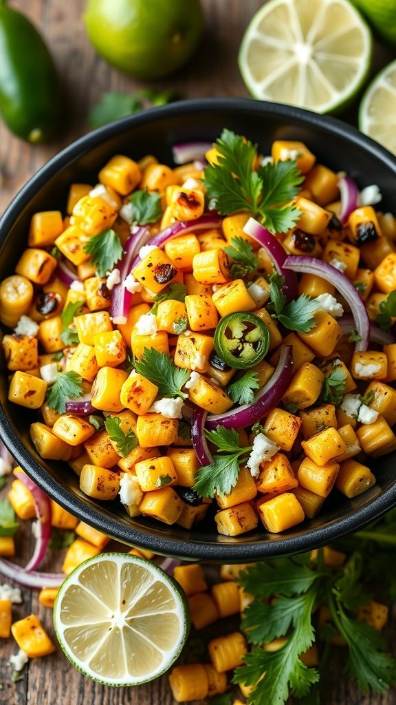 A vibrant bowl of spicy corn salad with jalapeños, lime, and cilantro, garnished with red onions.