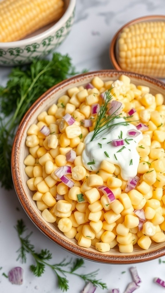 A bowl of creamy corn salad with Greek yogurt and dill, garnished with red onion and fresh herbs.