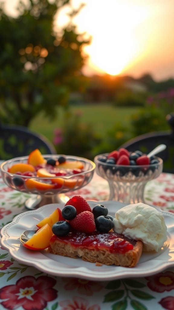 A beautiful summer dessert spread featuring a fruit tart with berries, a fruit salad, and ice cream