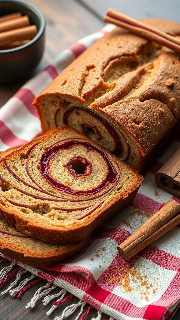 A loaf of sweet and spicy rhubarb cinnamon bread, sliced to reveal a swirl of rhubarb filling, resting on a red and white checkered cloth with cinnamon sticks.