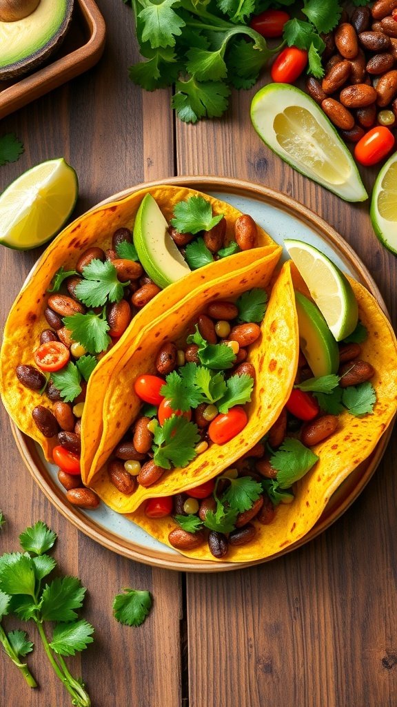 Colorful veggie tacos filled with beans, tomatoes, and cilantro on a wooden table.