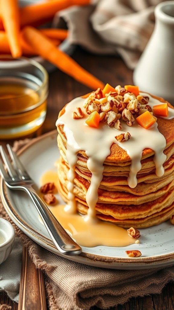 A stack of carrot cake pancakes topped with cream cheese frosting and chopped pecans, with carrots and syrup in the background.