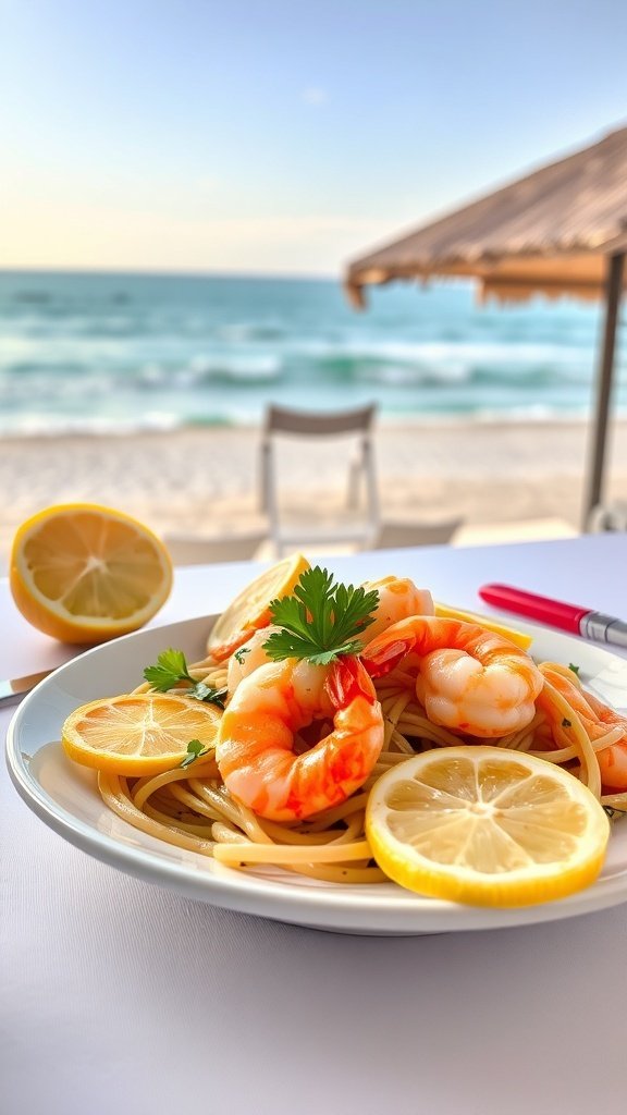 A plate of shrimp scampi linguine with lemon slices and parsley, set against a beach background.