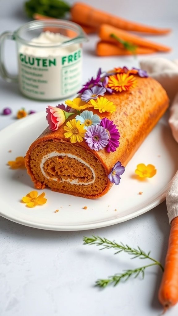 A gluten-free carrot cake roll decorated with colorful flowers on a white plate, with carrots and cream in the background.