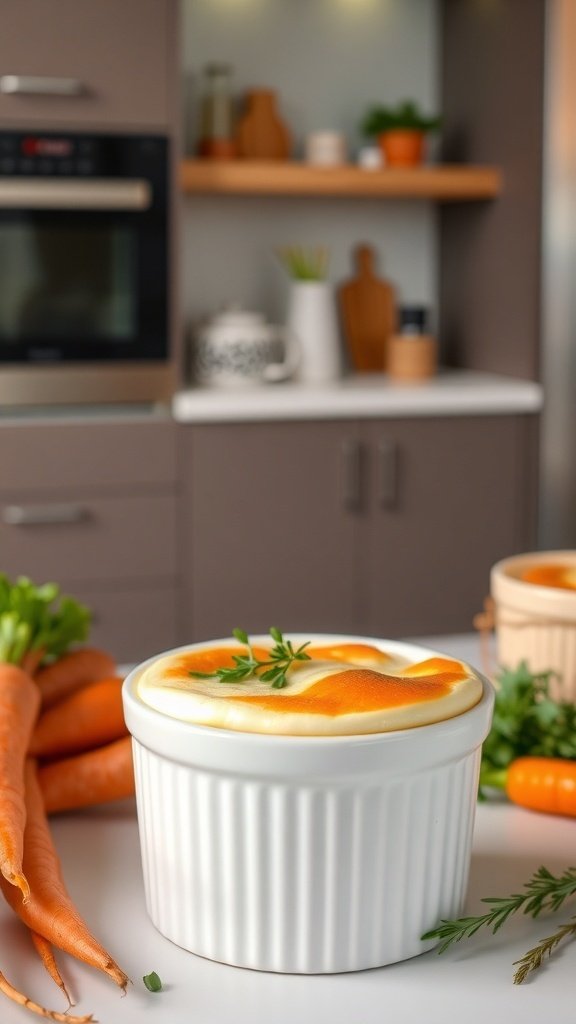 A savory herb-infused carrot souffle in a white ramekin, surrounded by fresh carrots and herbs in a cozy kitchen setting.