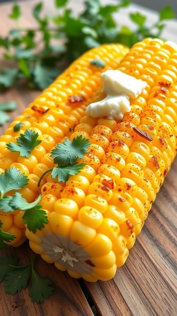 Grilled corn on the cob topped with butter and cilantro