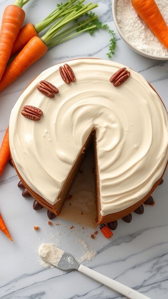 A gluten-free carrot cake with cream cheese frosting and pecans on top, surrounded by fresh carrots.