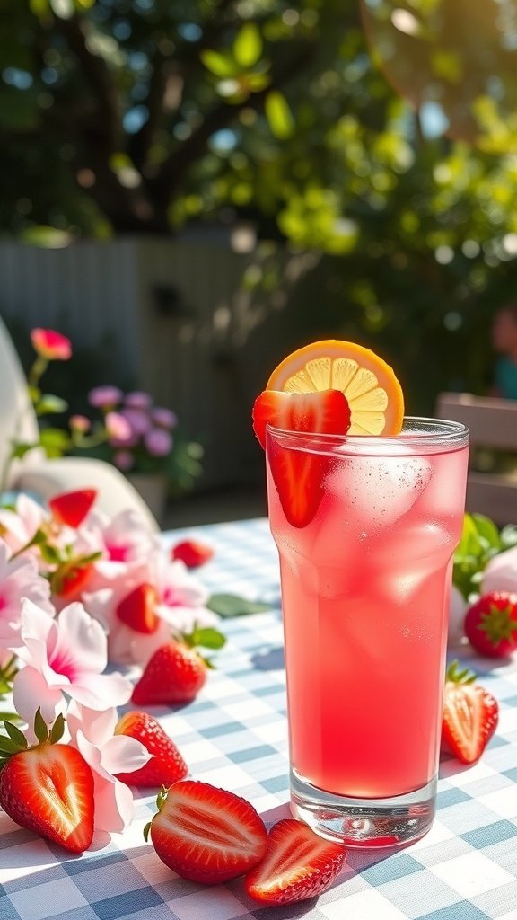 A refreshing glass of classic strawberry lemonade with lemon slices and strawberries, set on a checkered tablecloth.