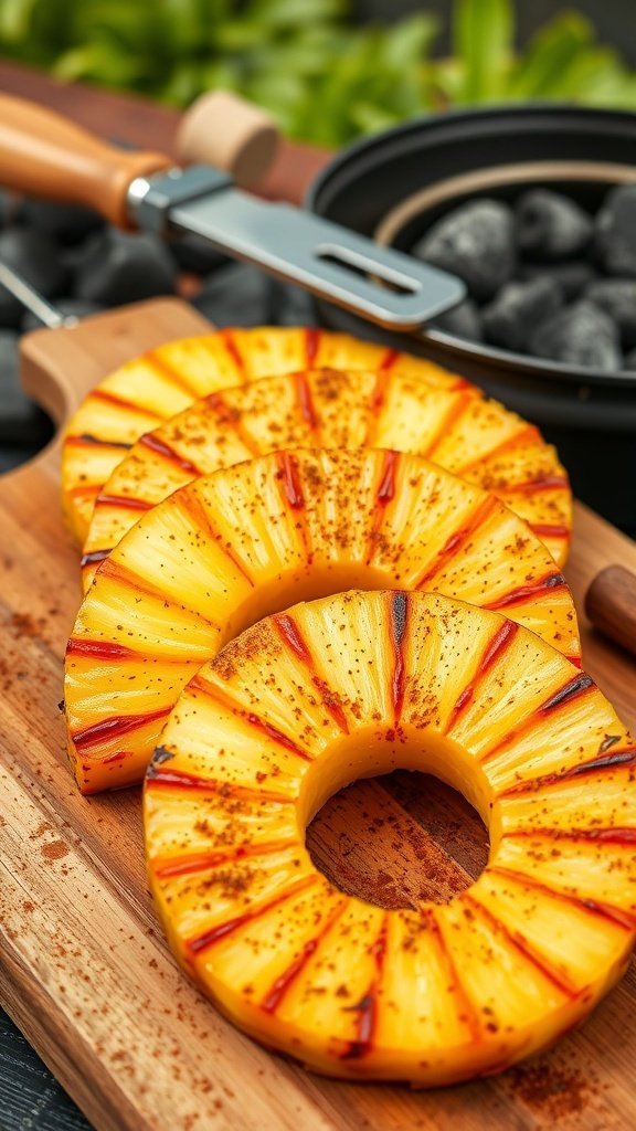 Grilled pineapple slices on a wooden cutting board with grilling tools in the background.