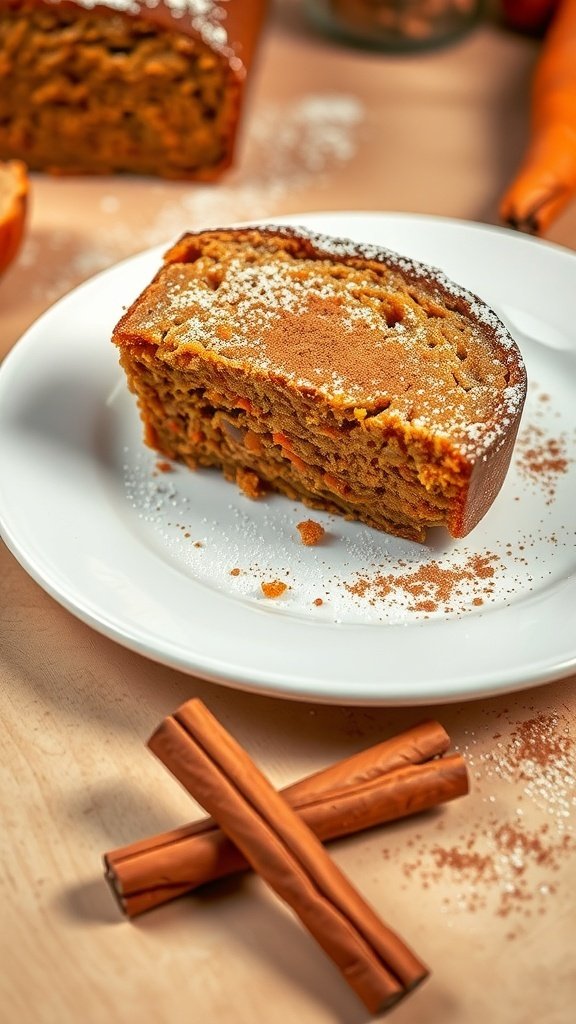A slice of sweet and spicy carrot bread with cinnamon on a white plate, accompanied by cinnamon sticks.