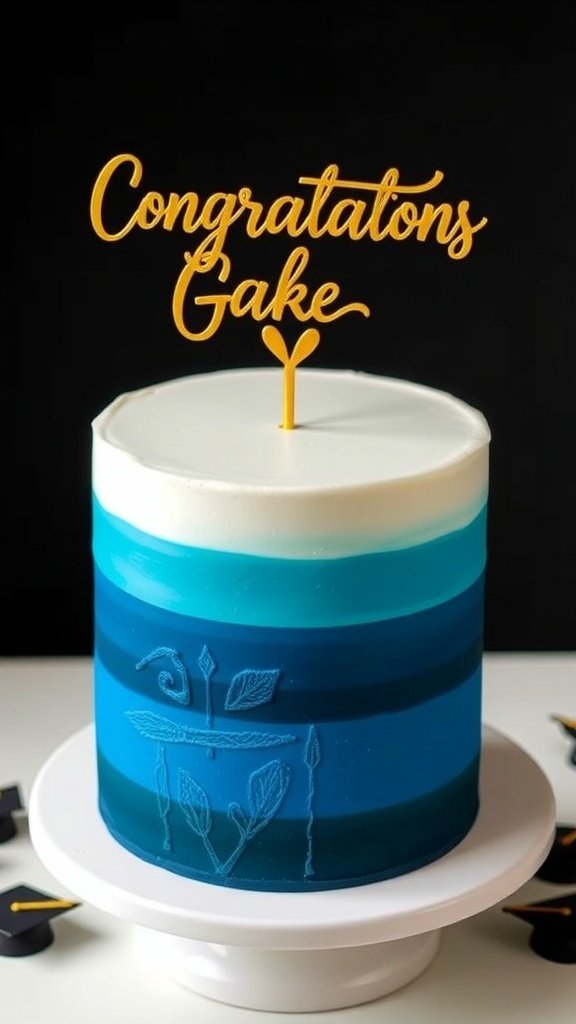 Ombre graduation cake with blue layers and a 'Congratulations' topper.